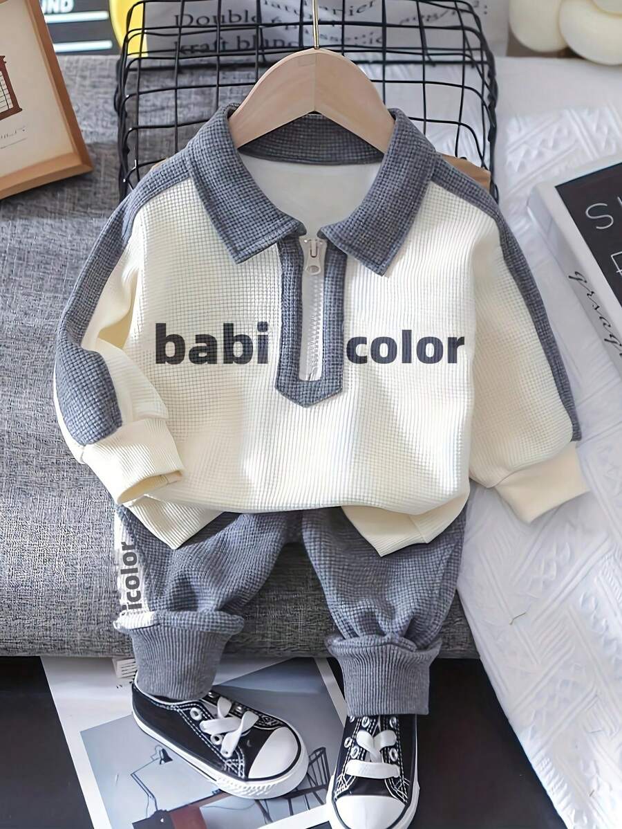Conjunto de moletom com capuz e calça com estampa de letras para menino, zíper frontal parcial, outono