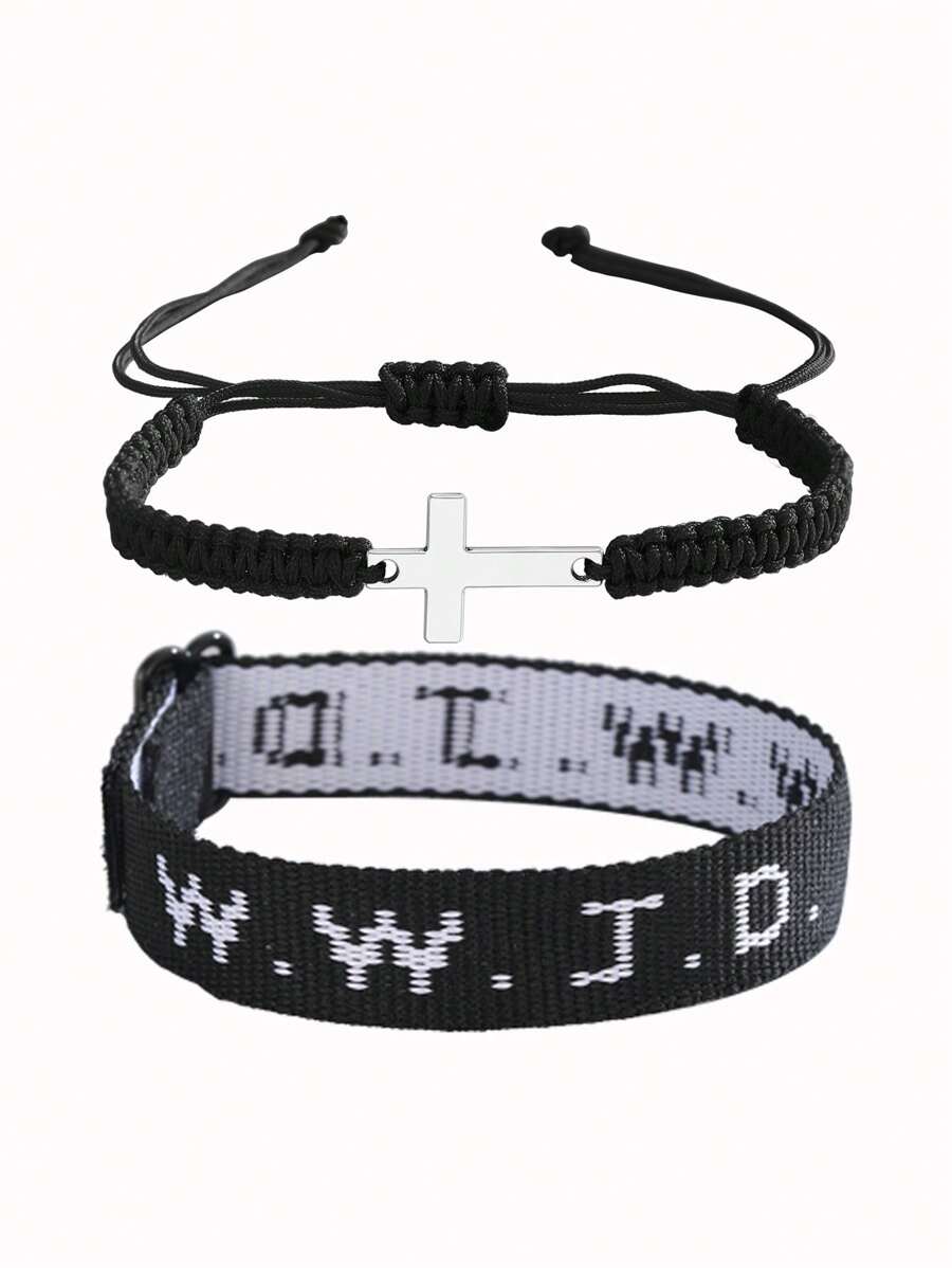 2pcs/Set Minimalist Stainless Steel Cross Bracelets & Wwjd Letter What Would Jesus Do Christian Jewelry Jacquard Knit Wristband Bracelet Set For Women For Party Jewelry