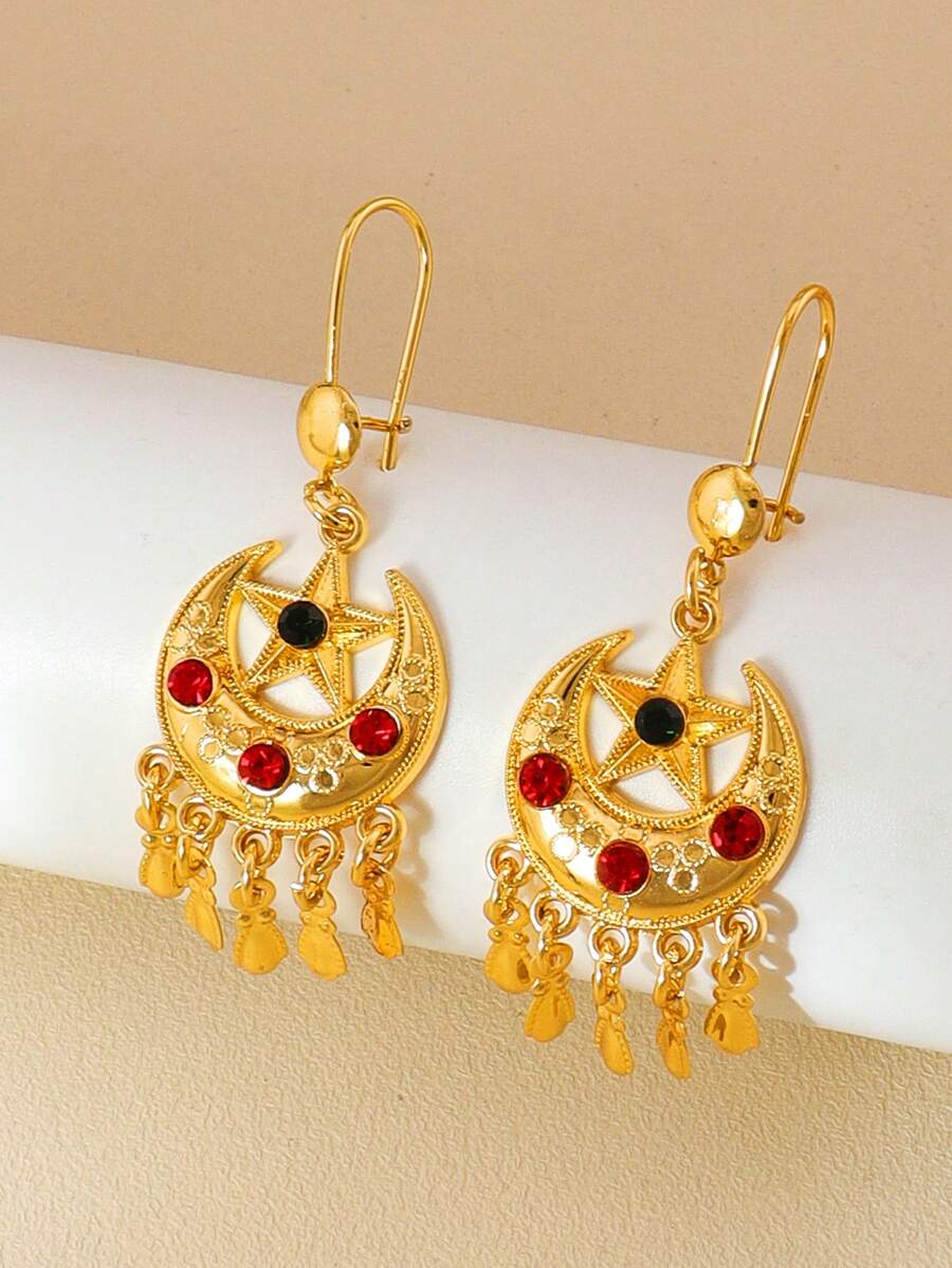 1pair Vintage Crescent Star Design Earrings Gold Tassel Colored Diamond Matching Earrings Perfect For Ladies' Daily Banquets