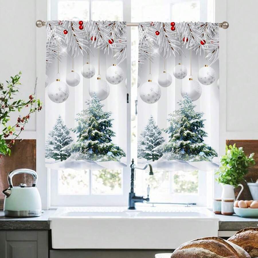2 stuks Zilveren Kerstboom en Ster Gedrukte Transparante Gordijnen, Roede Zak Bovenkant, Hoge Kwaliteit Polyester Stof, Lichtgewicht En Gemakkelijk Te Onderhouden, Unieke Kerstdecoratie Gordijnen Voor Keuken, Eetkamer, Woonkamer, Slaapkamer, Balkon