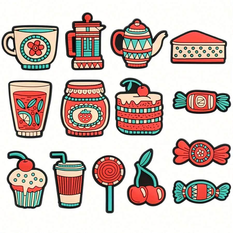 14pcs Cute Cartoon Retro Afternoon Tea Charm Sandals Set, PVC DIY Accessories Kit And Bracelet, Ideal Gift For Birthday, Christmas, Valentine's Day