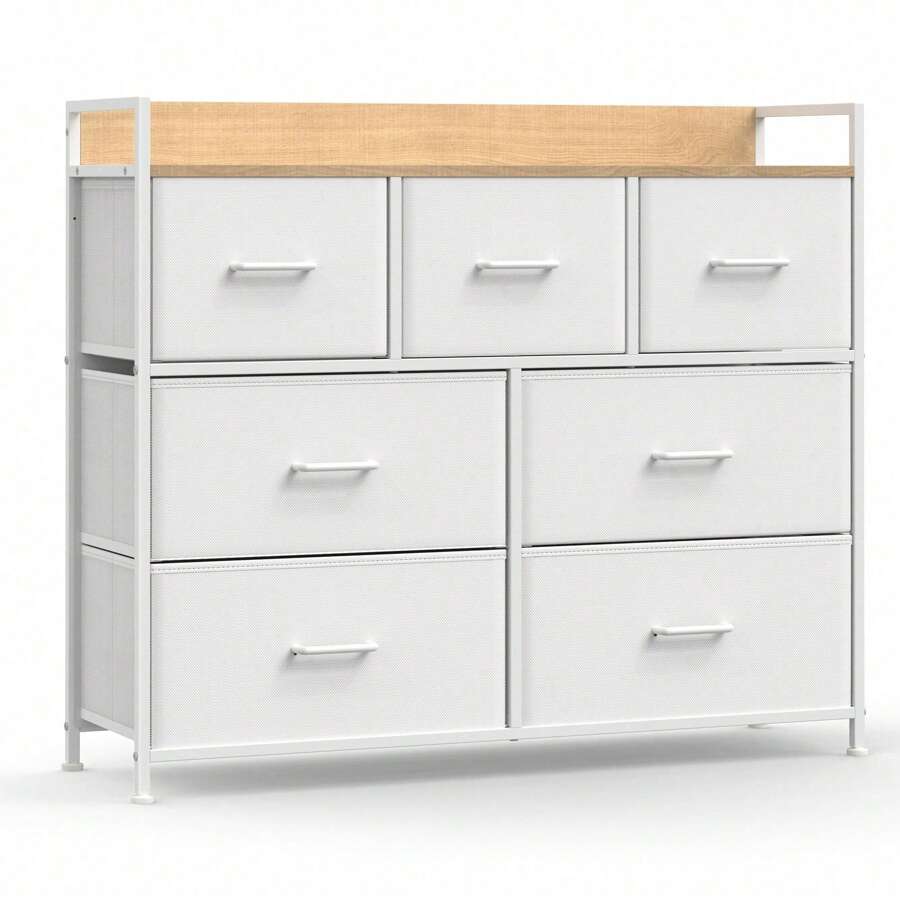 SONGMICS Commode 7 Tiroirs en Tissu avec Poignées, Meuble de Rangement, Cadre en Métal, Style Moderne, Blanc Nuage et Beige Chêne