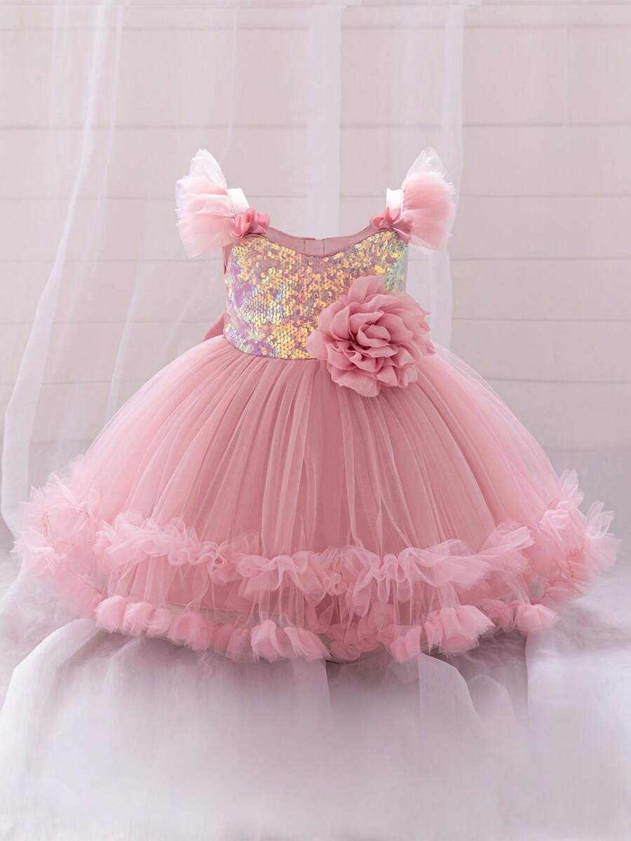 Patchwork Sequins Tiered Dress, Lovely Princess Birthday Party Dress For Baby Girls And Toddlers, Suitable For 1 Year Old Party, Does Not Include Hair Accessories