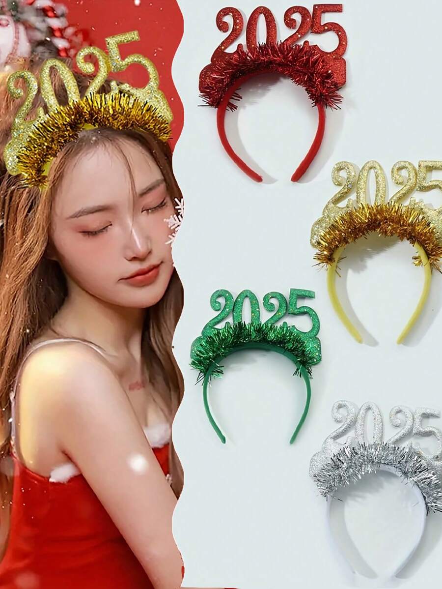 Elegant 2025 New Year's Headbands Set Of 4 - Resin Christmas Party Hat Decorations, Color Matching Dress Up Hair Accessories For Holiday Celebrations