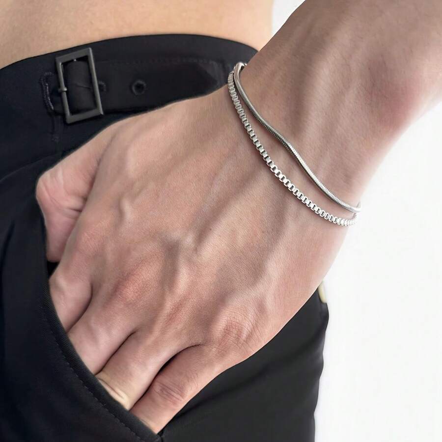 2pcs/Set Stainless Steel Minimalist Bracelets For Men, Suitable For Daily Wear, Dates, Parties, Great Gift For Men