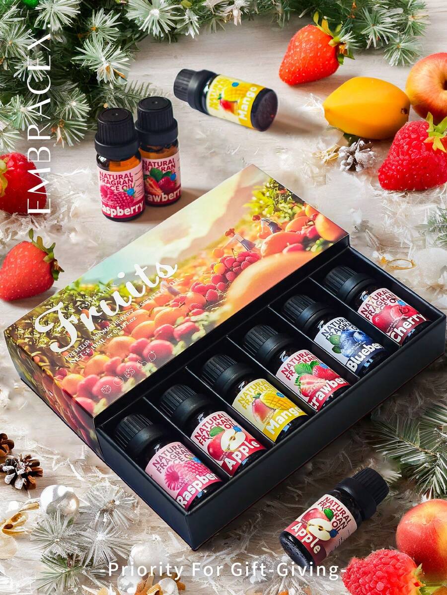 EMBRACEX. 6PCS/1Set 10ML Fruits Perfume Set Essential Oils Aromatherapy Oils Gift Box Perfume For Women Fruity Fragrance Oil For Candle & Soap Making Holamay Premium Essential Oils - Raspberry Cherry Strawberry Blueberry Mango Apple