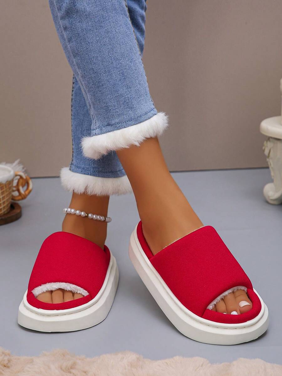 Autumn/Winter Fluffy Lined Slip-On Slippers, Fashion Thickened Warm Peach Pink Open Toe And Beige Casual Indoor House Shoes With Non-Slip Thick Soles, Comfortable Green Long Fur Women House Slippers