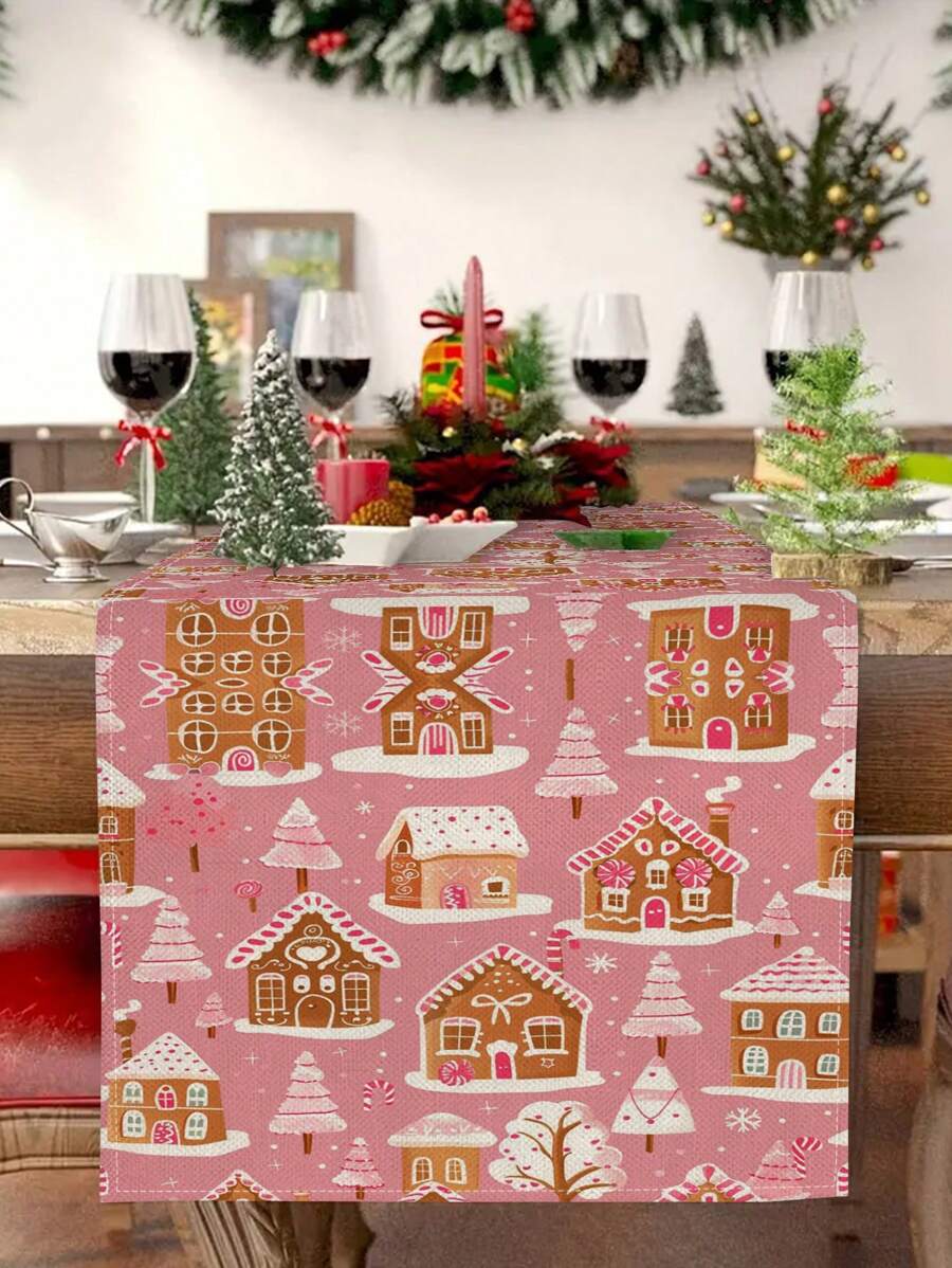 1 Pezzo di Runners da tavolo con motivo a casetta di pan di zenzero rosa, decorazione natalizia per la casa, articoli per feste interne/esterne, decorazione per la stanza, adatto per la decorazione natalizia della cucina di casa e per le feste di Natale