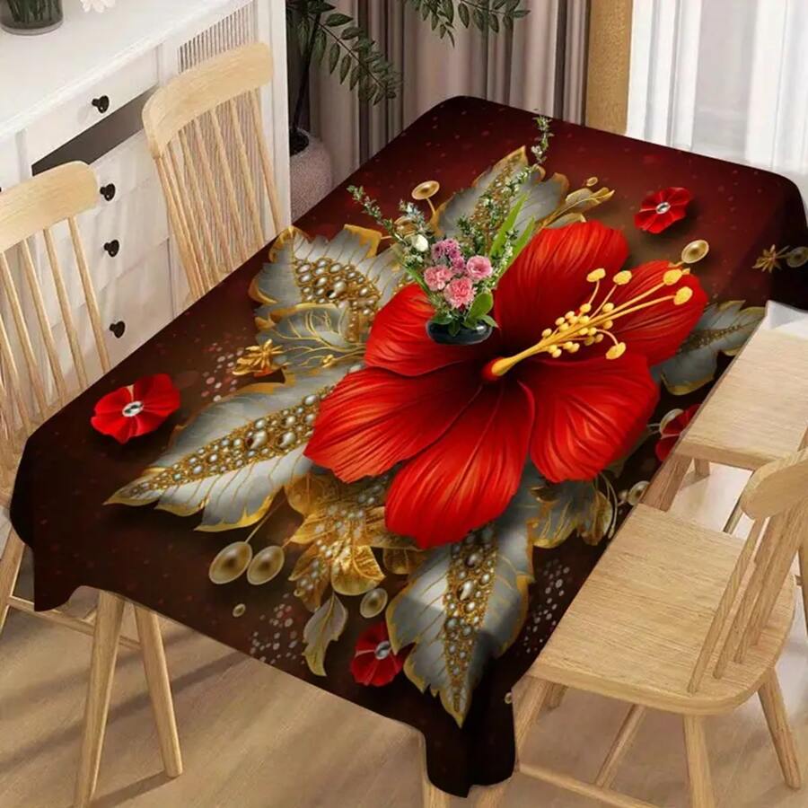 1pc Exquisite Floral Square Tablecloth - Durable, Stain & Waterproof, Decorative Printed Design, Machine Made For Easy Care, Fits Various Table Sizes, Perfect For Christmas, Dining & Living Room, Home Decor