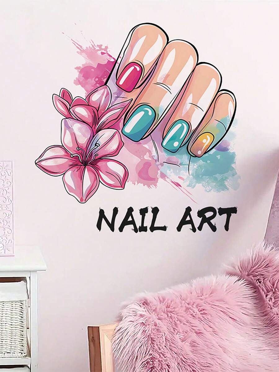 1pc Cartoon Nail Art Manicure Salon Decor Decal Sticker, Girl Beauty DIY Adhesive Wall Sticker,Stickers,Wall Decal,Vinly Decal For Home Decorations,Spring Decoration Items Refesh Your Home,Rama Decoration Stickers Gifts Birthday Graduation