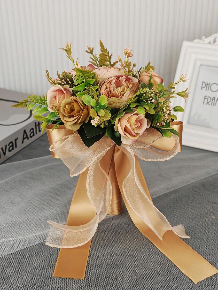 1 pièce Bouquet de fleurs artificielles de pivoine marron clair fait à la main, convient pour la mariée, la demoiselle d'honneur, le mariage, la fête, la décoration de pendaison de crémaillère
