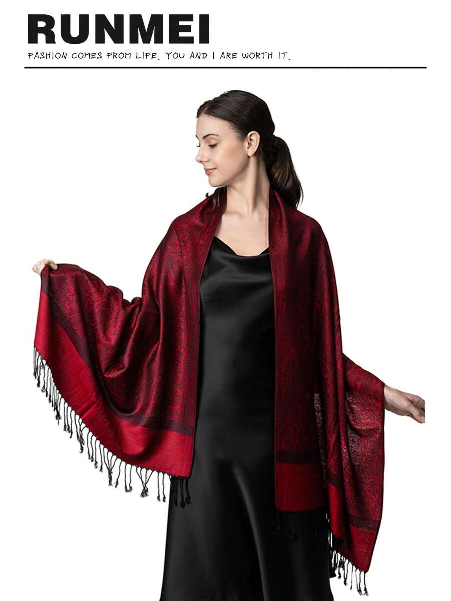 1 pièce Châle décoratif à franges, châles classiques rétro élégants pour femmes, écharpe jacquard polyvalente et décontractée, convenant aux accessoires Abaya pour le port extérieur