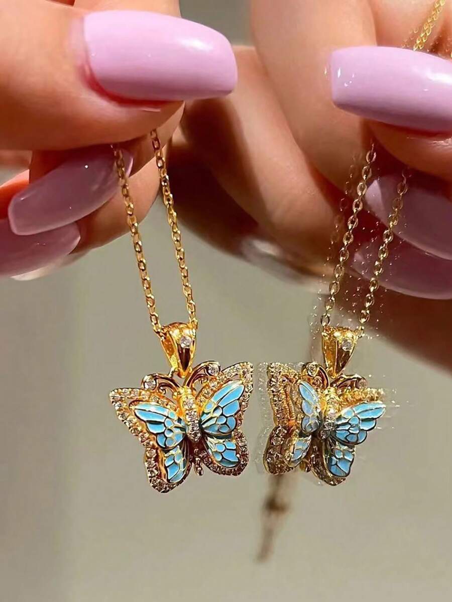 1pc French Vintage Enamel & Zirconia Crystal Butterfly Necklace, Double Layers Exquisite Choker, High-End Quality Retro Necklace Suitable For Women Daily, Holiday, Party, Gift