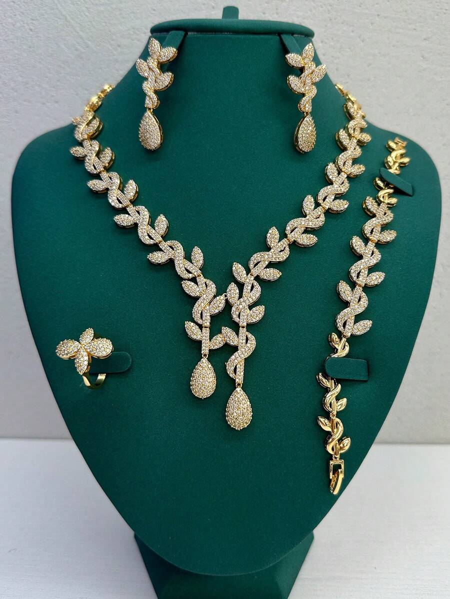 4pcs Luxury Bride Jewelry Set, Includes Necklace, Earrings, Bracelet, Ring With Zirconia Stones, Suitable For Wedding Party, Mother's Day, Valentine's Day Gift