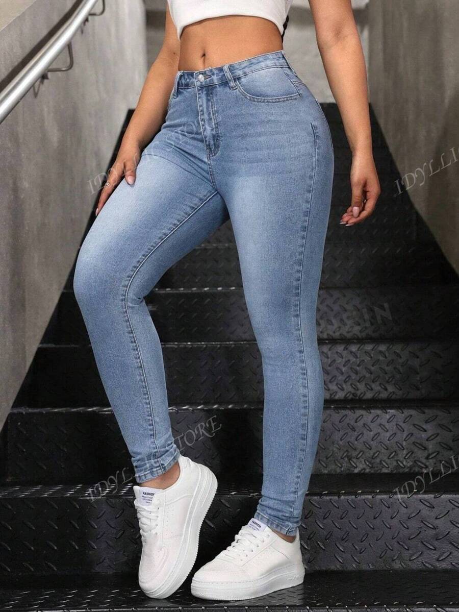 Pantalones de mezclilla ajustados de cintura alta de talla grande para mujer - Estilo casual con mezcla de algodón, tela elástica, color sólido, tejido - Moda primavera/verano