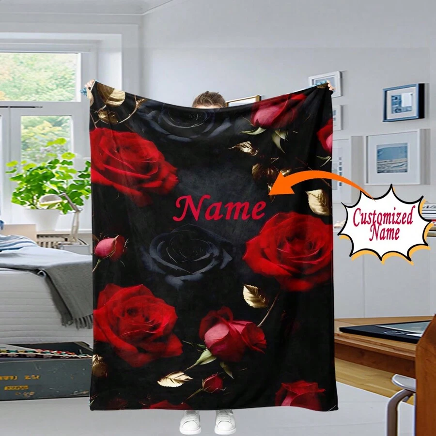 1pc Custom Your Name Blanket, Personalized Roses Pattern Text Blanket, Outdoor Travel Leisure Four Seasons Nap Blanket