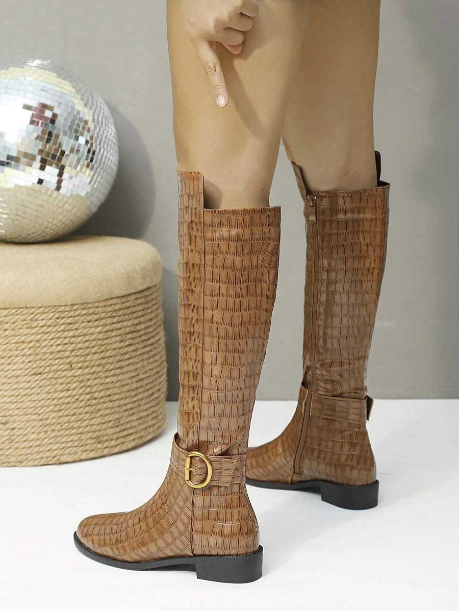 Women's Fashion Mid-Calf Boots, Camel Color Boots With Metal Buckle Decor Side Zip, Versatile High Tube Boots, Round Toe Chunky Heel Tall Boots, Comfortable Winter Boots For Women