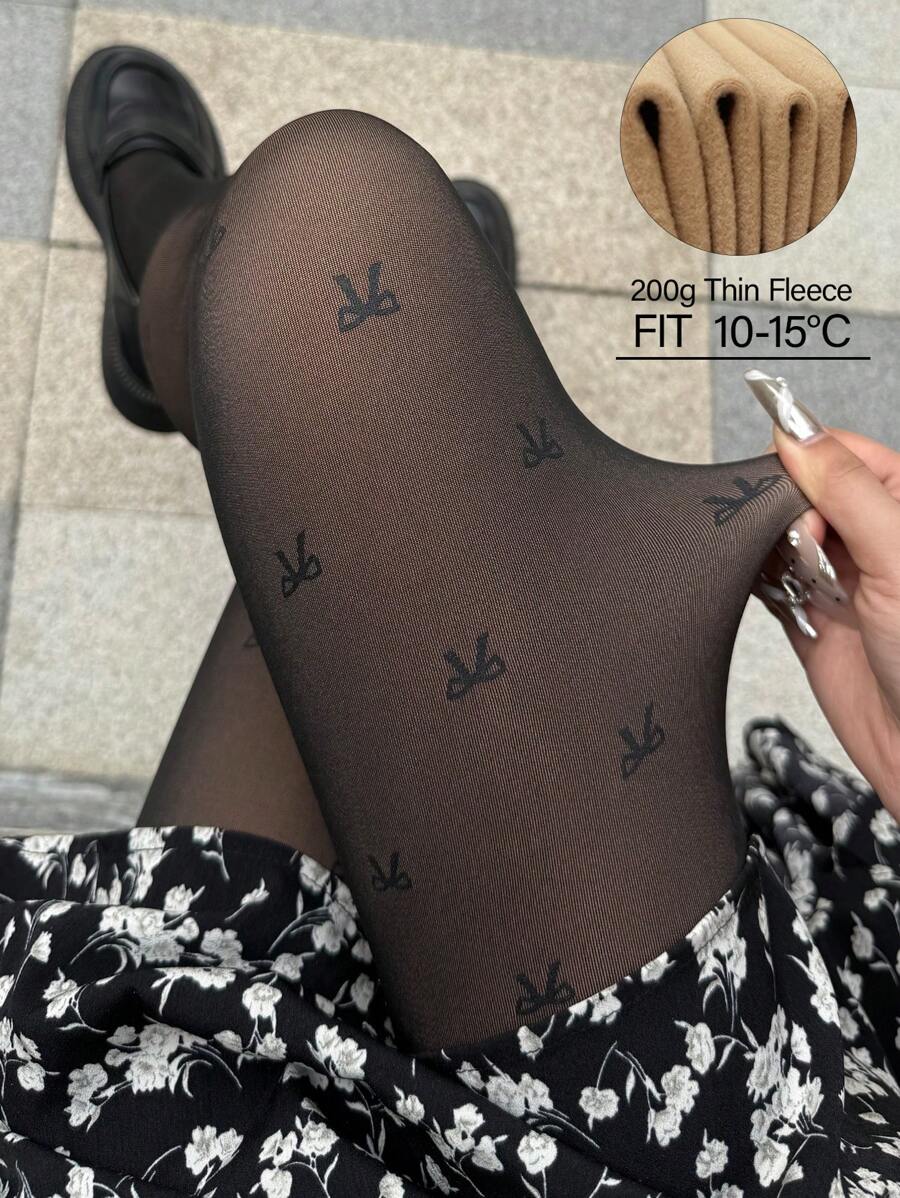 1pc 200g Black Opaque Tight Fitted Tights With Heart, Bow & Butterfly Prints, For Women, Stretchy, Suitable For 15-25°C Weather, Spring & Autumn, Versatile For Indoor & Outdoor Wear