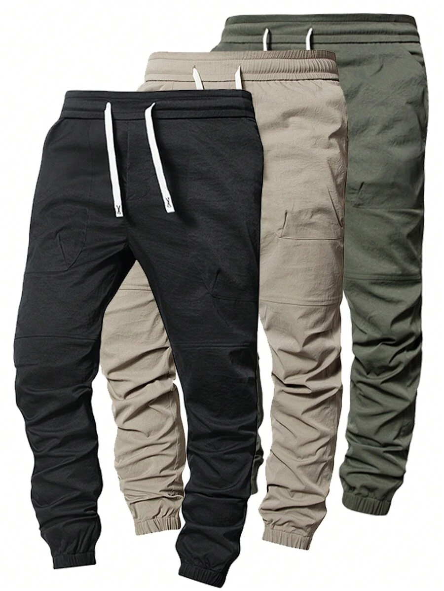 Pantalones cargo holgados de hombre unicolor con múltiples bolsillos, pantalones deportivos con cordón para uso en exteriores