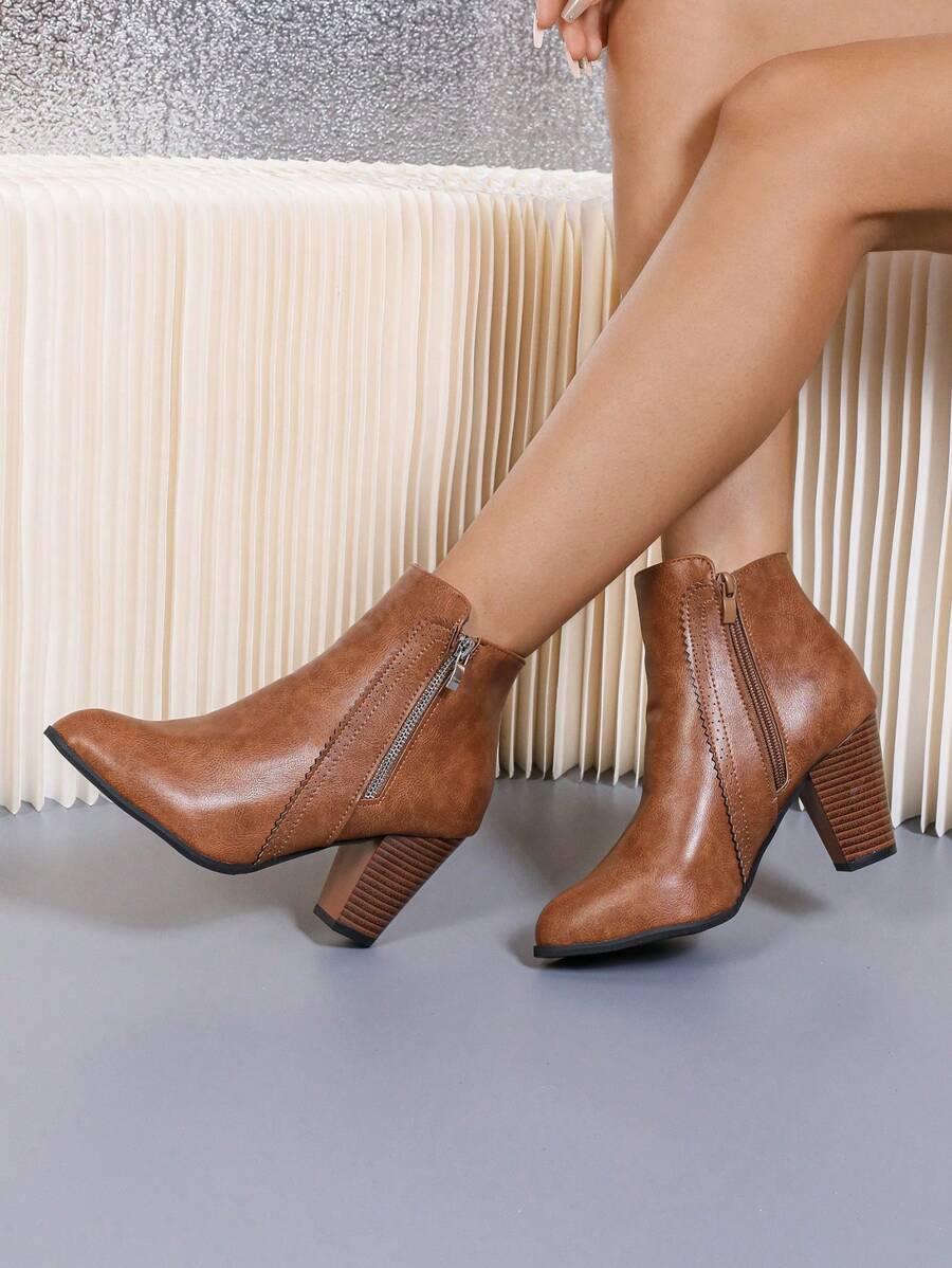 Women's Brown High Heel Boots/Ankle Boots/ Boots, Double Zipper Design Lace Trim, Solid Color High Heels, Motorcycle Boots With Vintage British Style Chunky Heel, Comfortable Fabric Ankle Boots For Autumn/Winter