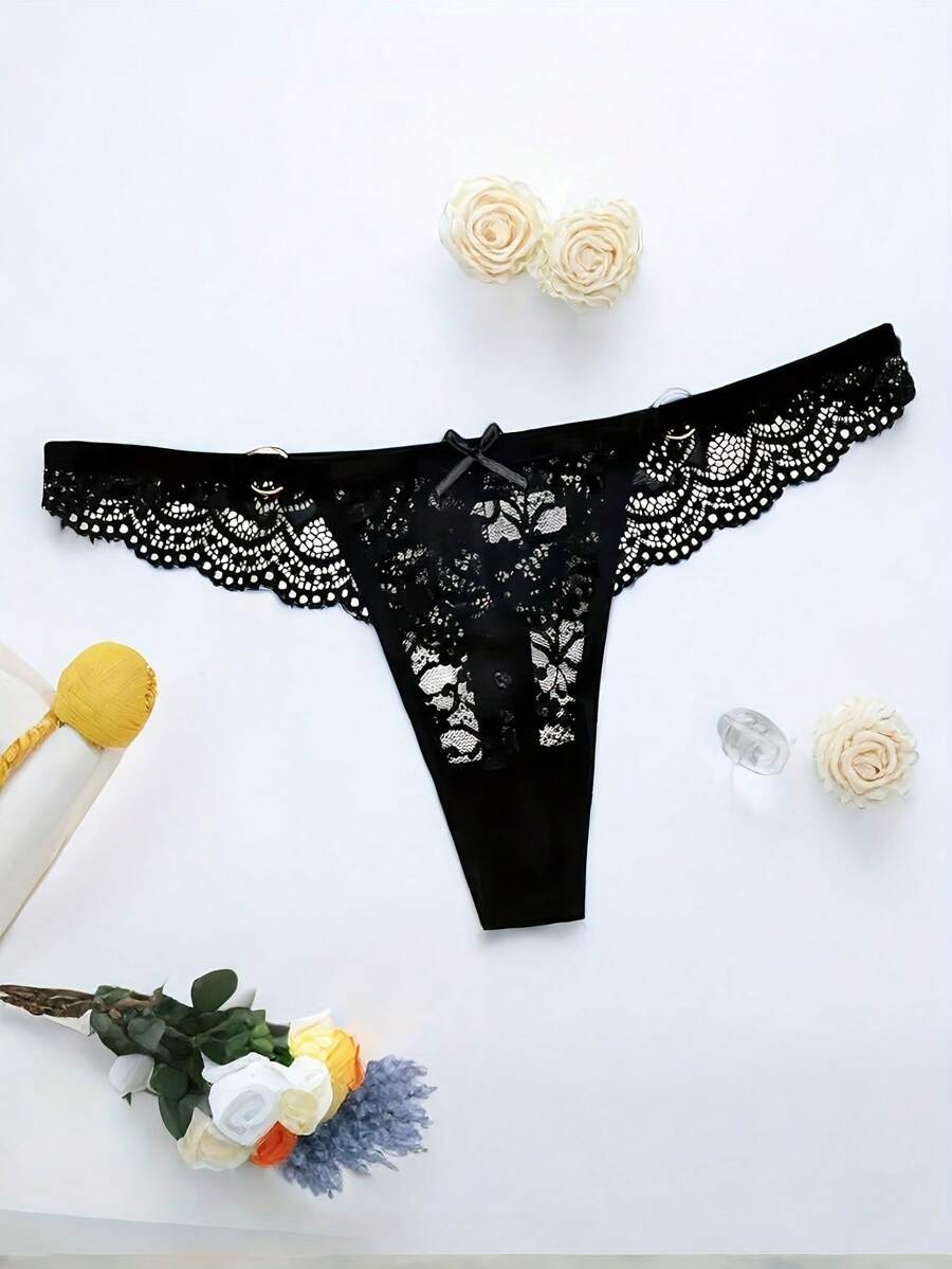 Sexy Lingerie Internet Celebrity Fashion Lace Bow Underwear Double Ring Decoration Sexy Transparent Women's Thong Fashion T Underwear Women's Underwear