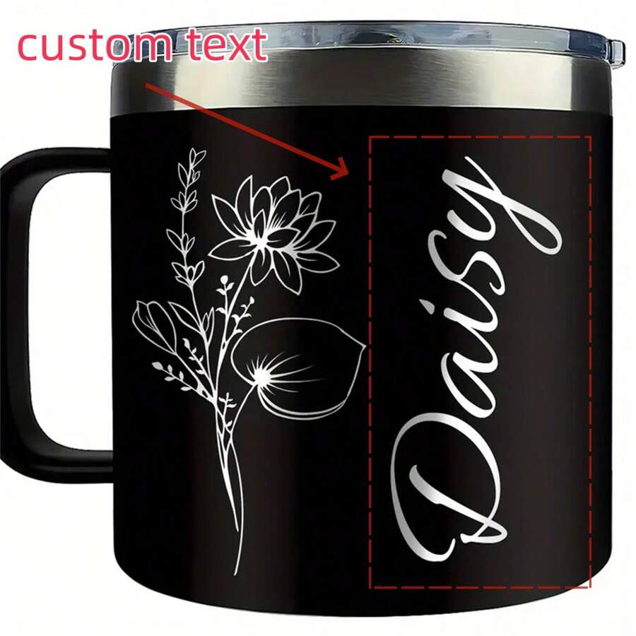 Custom Stainless Steel Vacuum Cup With Flower Pattern, Can Be Personalized With Name, Handles, Lid, Keeps Drinks Hot/Cold, Traveling Tumbler, Birthday/Couples Gift, Car Cup