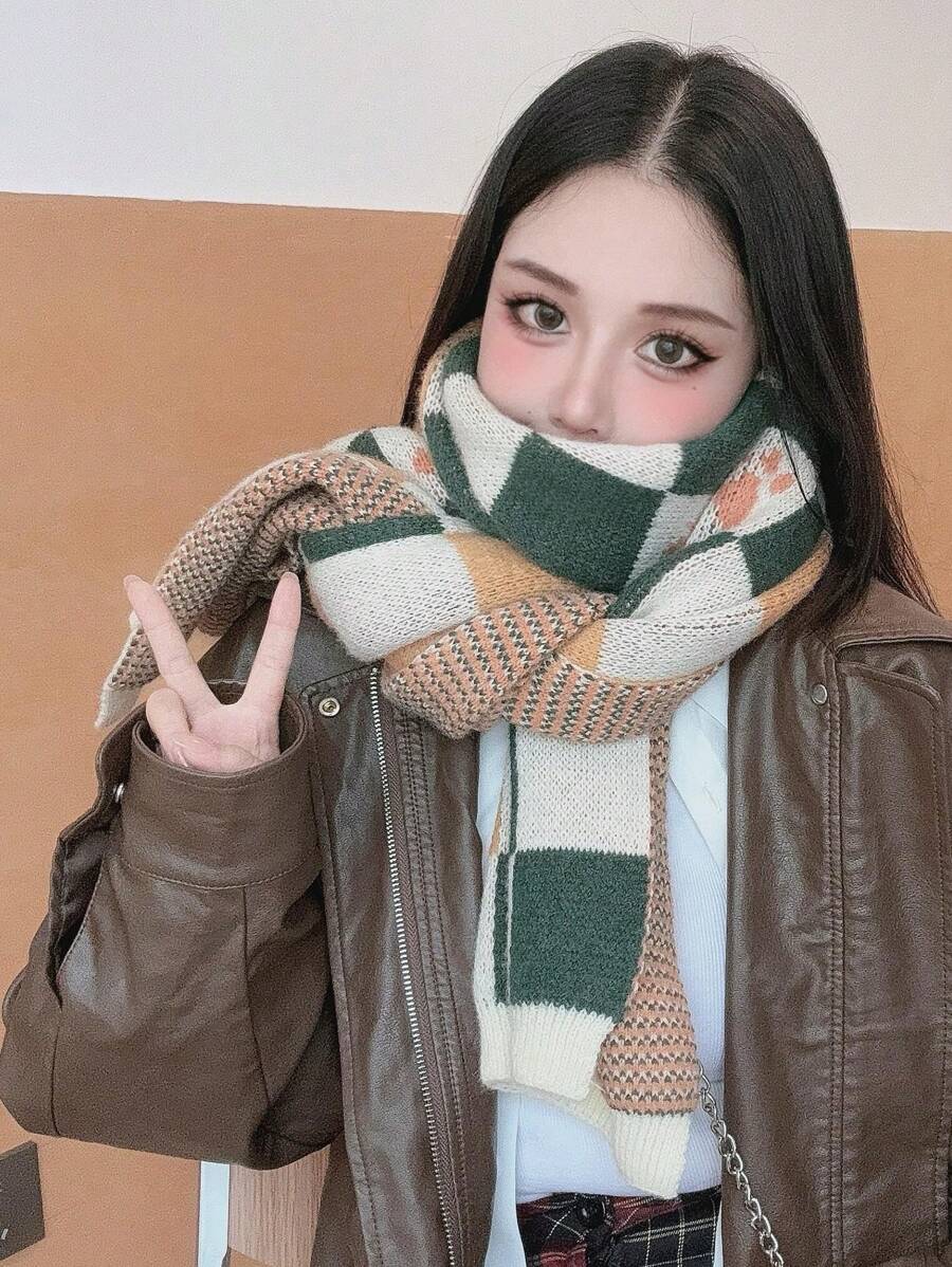 Handmade Green Plaid Scarf, Unisex Fashionable Double-Sided Shawl/Scarf For Winter, Korean Style