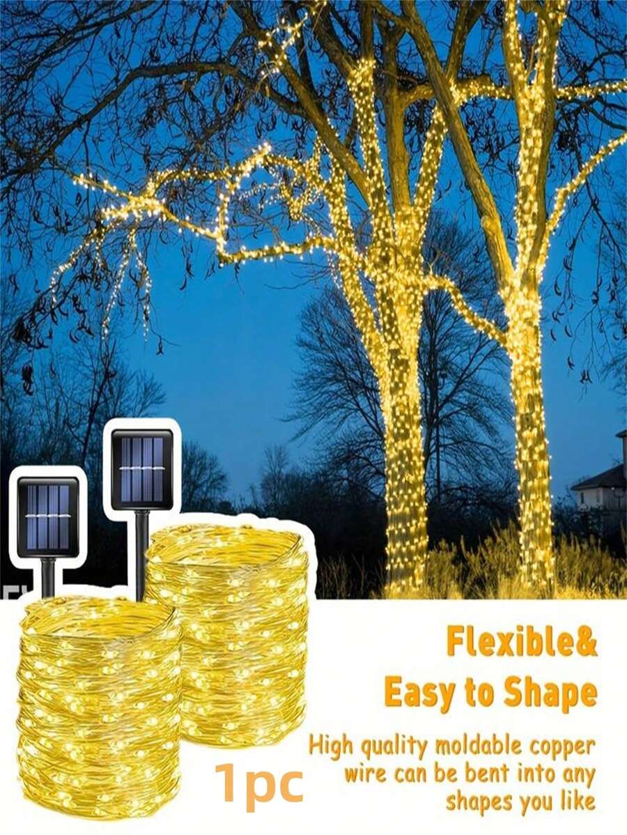 1 pièce Lumière solaire d'extérieur, 8 modes de fil de cuivre lumière de conte de fées solaire pour jardin, cour, arbre, fête de Noël, mariage