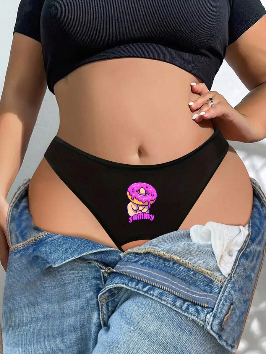 Mujer talla grande, tanga de encaje negro sexy con estampado de dona, abertura en la entrepierna
