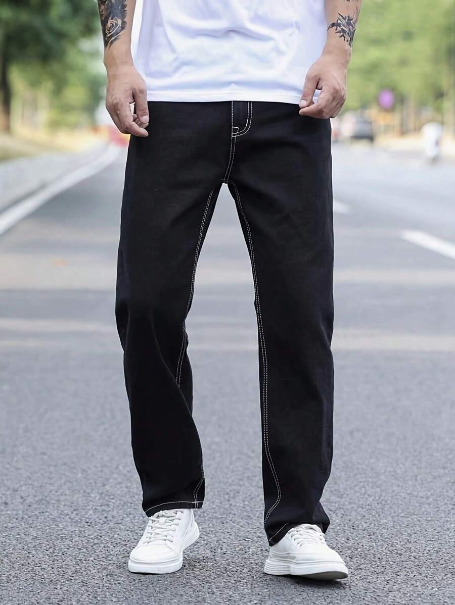 Men's Fashionable Casual Outdoor Activities Streetwear Comfortable Black Denim Jeans, All-Season