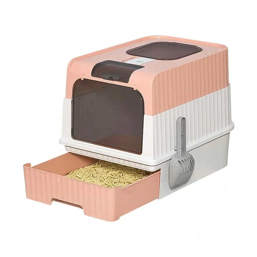 Bac à Litière Fermé, Maison de Toilette Pliable, Pelle à Litière et Boîte de Sac Désodorisant Inclus, Plateau Amovible, pour Petit et Moyen Chat, Capacité de Charge 8 kg