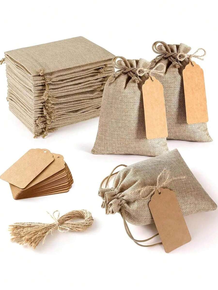 21 pièces/1 set - (comprend 10 sacs + 10 cartes + 1 corde) Sac cadeau en lin à cordon parfait pour les mariages, les douches et les baby showers