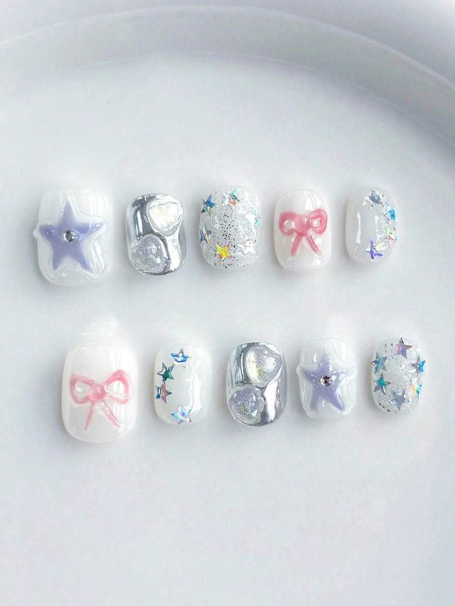 10 Short Square Valentines Nails Nail Art Pink Bow Purple Star Design Nail Art Handmade Fake Nails, Removable Nail Supplies False Piece Can Be Disassembled And Reused, Suitable For Ladies, Girls In The Stage, Prom, Party Scene Use, With 1 Piece Of Jelly Roll 1 Piece Press On Nails