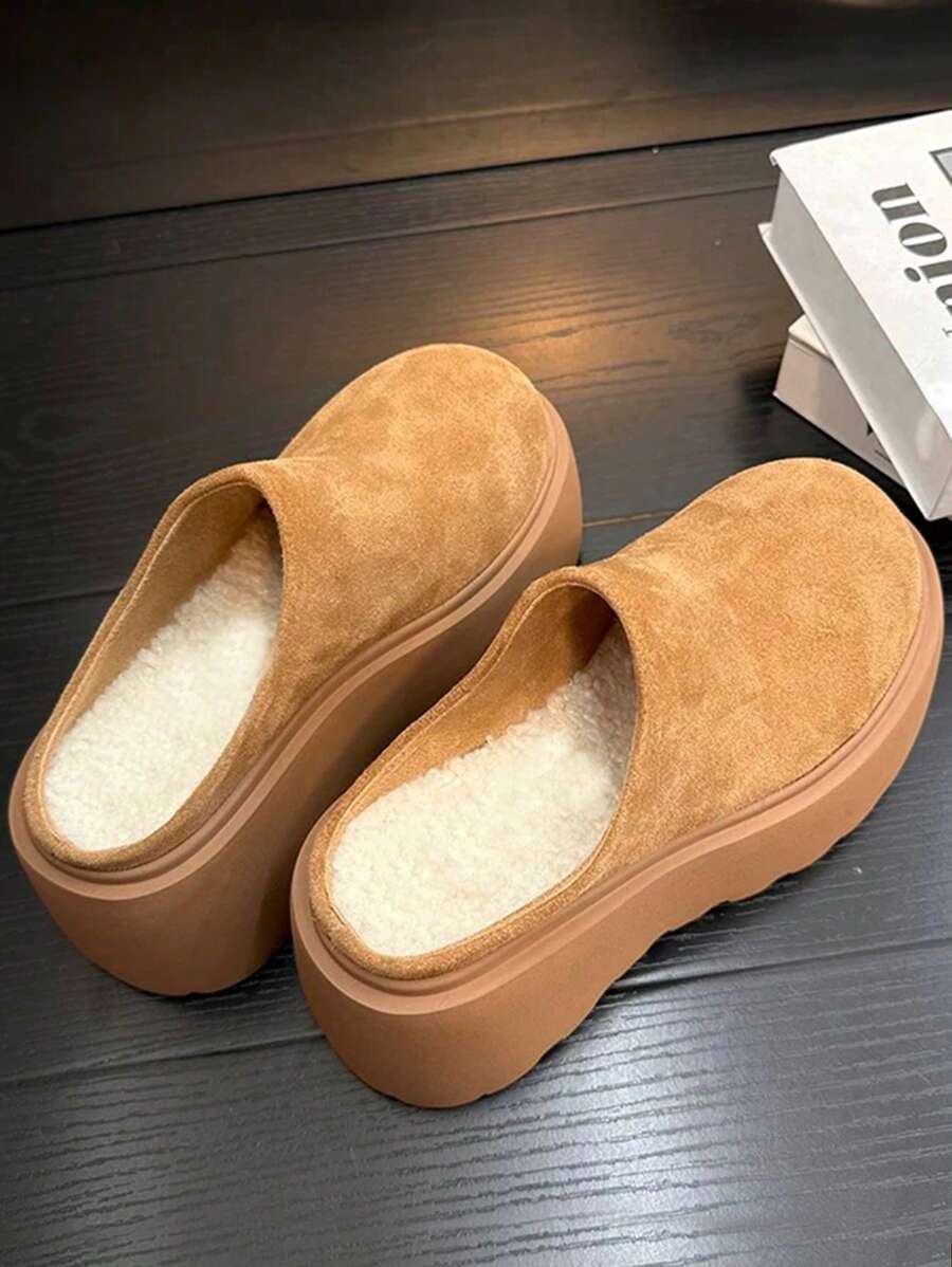 Women Slip On Mules, Increased Height Thick Sole Suede Fleece Closed Toe Platform High Heel Warm Winter Shoes, Versatile Autumn/Winter New Style