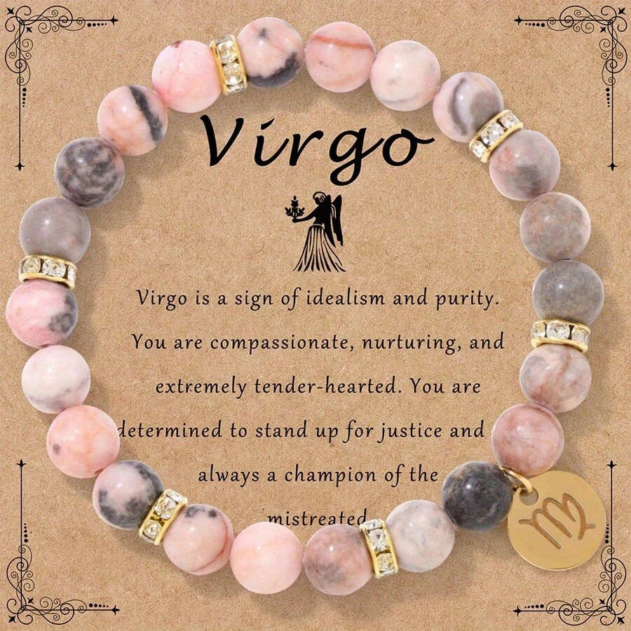 1 pieza Nuevo brazalete de cuentas de jaspe rosa con estampado de cebra de 8mm, Pulsera elástica con 12 signos del zodíaco, Juego de pulseras para pareja, Regalo de cumpleaños de joyería