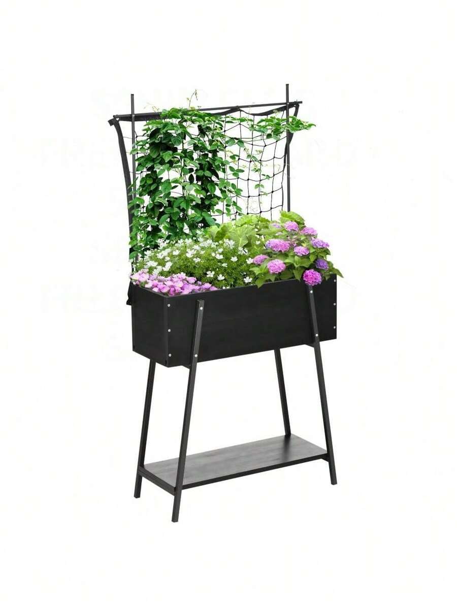Outsunny Raised Garden Bed With Trellis & Storage Shelf, Elevated Planter Box With Metal Legs, Bed Liner And Drainage Holes, For Vegetable Vines, Climbing Plants, Flowers, Black,UrbanLiving9