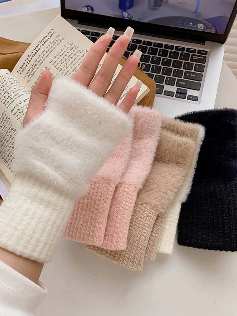 1 Pair Of Simple Knitted Gloves With Exposed Fingers, Suitable For Students' Autumn And Winter Writing And Daily Use, Warm And Antifreeze, Suitable For Both Men And Women, With Multiple Colors To Choose From