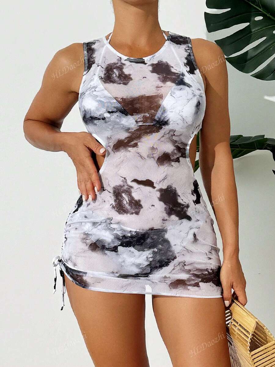 3pcs Women's Tie-Dye Print Cover-Up, Retie-Able Swimwear, Bikini, Netted Sexy Cover-Up, Refined Style