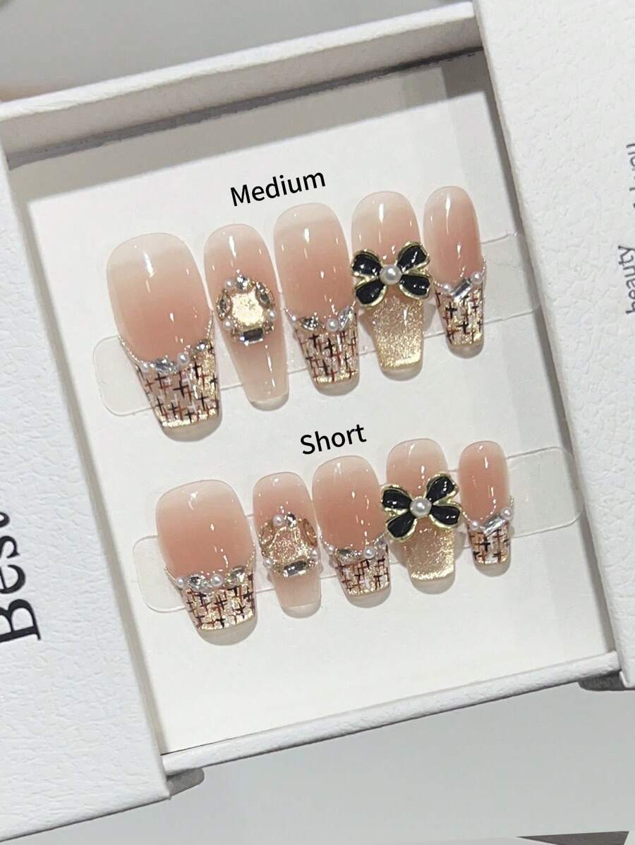 10pcs Medium-Long Trapezoidal Nail Tips, Instagrammable Soft Nude Color With Gilded Feline Eye And Crystal Decal, Handmade Nail Art Strips Suitable For Daily Wear