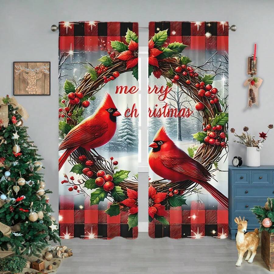 2pcs Christmas Theme Curtains,Christmas Red Bird And Berry Red Leaf Design Curtains,Bedroom Living Room Decoration Curtains,Christmas Decorations,Christmas Gifts