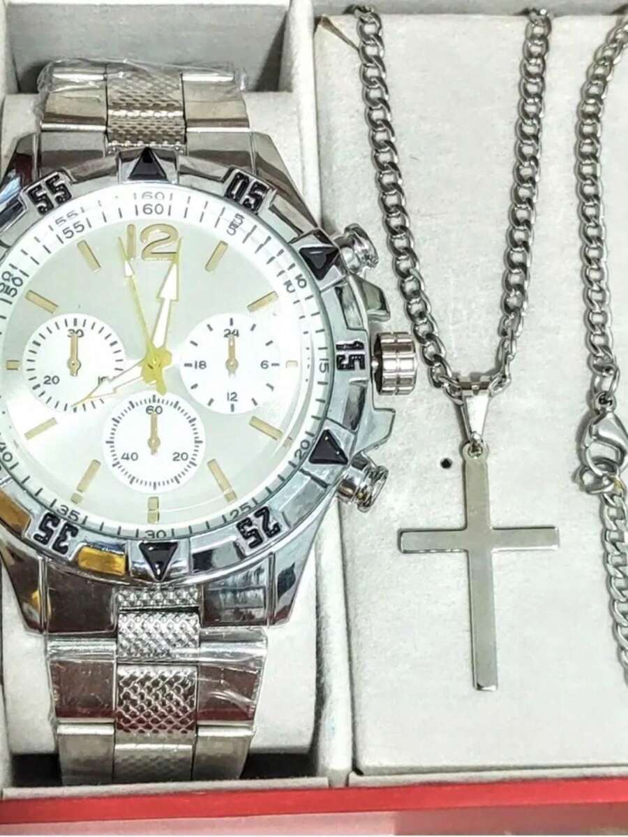 Kit Conjunto Relógio Masculino aço + corrente cruz pingente e pulseira banhado a ouro 18k