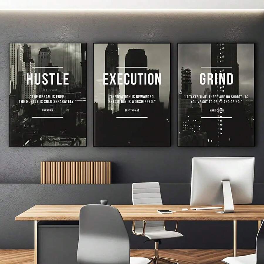 3pcs Set Optional Frame - Modern Abstract Hustle Grind Execute Wall Art, Motivational Home Office Canvas Painting Art, For Living Room Painting Decor, No Frame