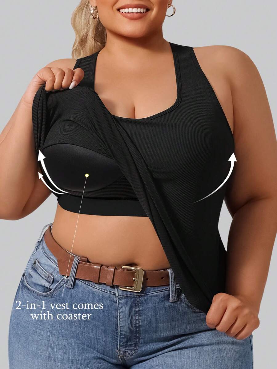 1 pieza Camiseta de yoga sin costuras con sujetador incorporado, tela acanalada, negro