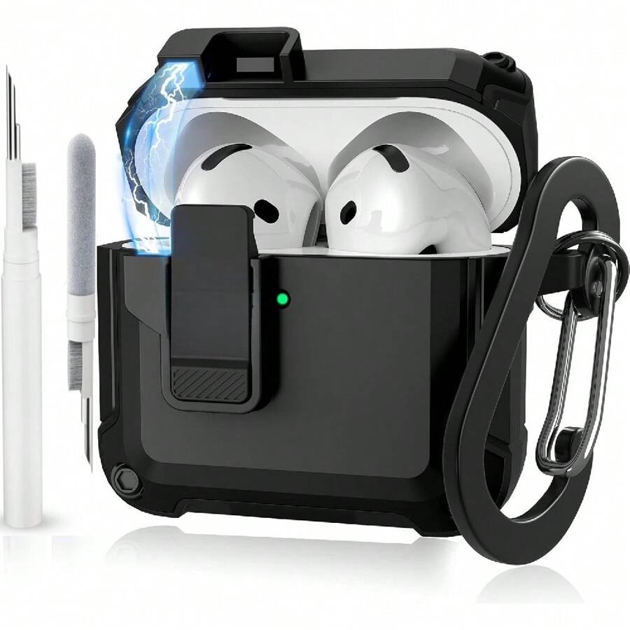 Locking Compatible With AirPods 4 Gen (2024), Rugged TPU Case Cover For AirPods 4 Case With Security Lock And Auto-Open For Airpods 4th Generation Earbuds Shockproof Case Drop-Protection Cover With Cleaner Kit