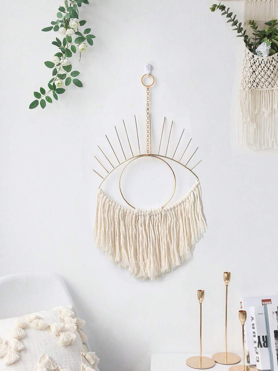 1pc Boho Eye Wall Hanging Decor – Handcrafted Woven Macrame Wall Art With Gold Metal Frame For Bohemian Home, Bedroom, Or Living Room – Unique Geometric Eye Shaped Tapestry For Modern Minimalist Interiors,Home Decor ,Room Decor,Wall Decor Gifts Birthday Graduation