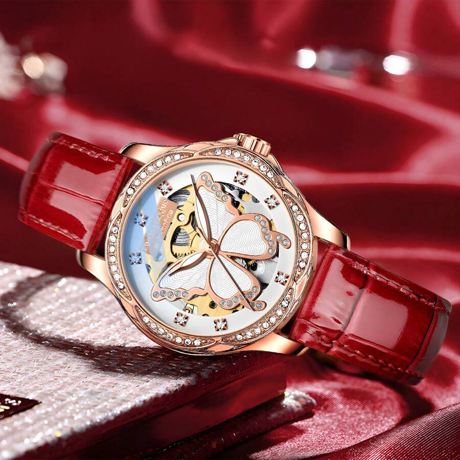 FENSIR 1 Stück Damen Echte Cut Out Strass Automatik Mechanische Uhr, modischer minimalistischer leuchtender wasserdichter Lederarmband, geeignet für tägliche Outfits