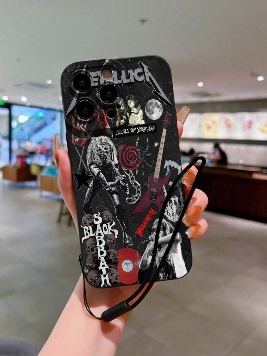 Étui de téléphone portable doux anti-chute avec bord droit perforé, peint, avec sangle de poignet en silicone noir attachée.