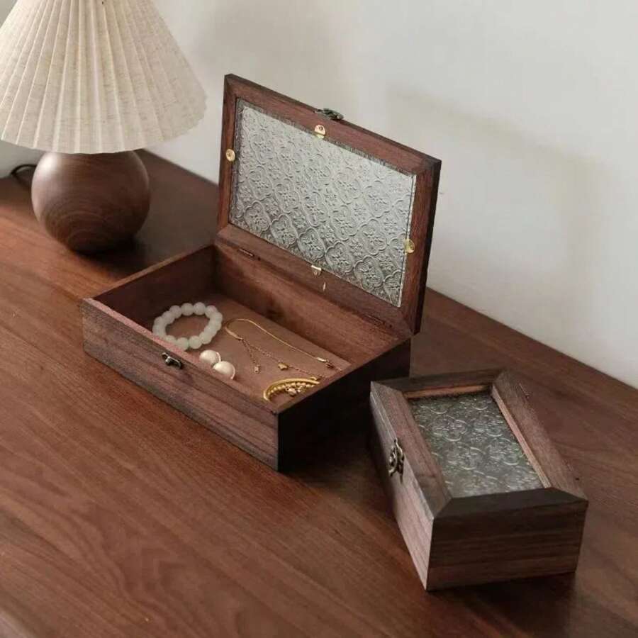 1 Peça Caixa de Armazenamento de Vidro com Tampa de Madeira Vintage, Organizador de Mesa, Caixa de Exibição e Armazenamento de Joias
