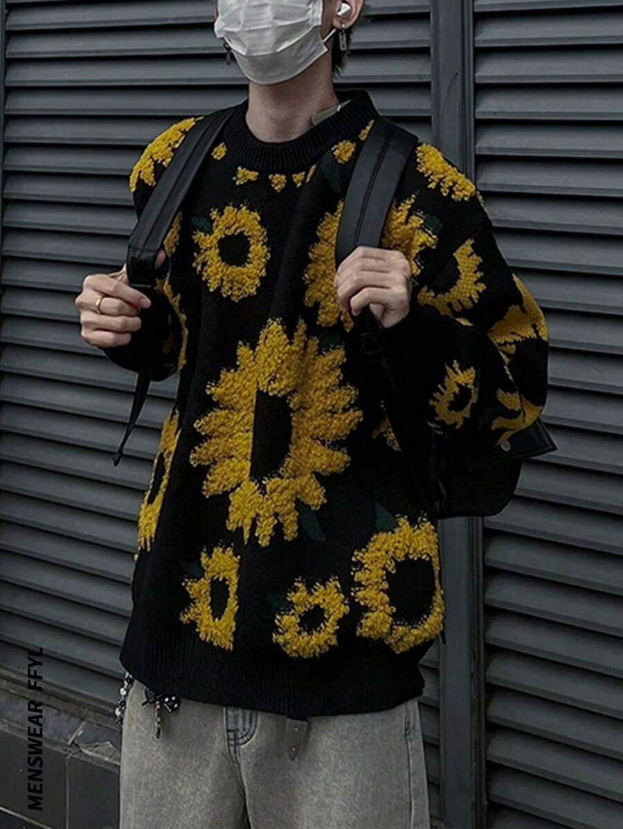 Pull tricoté ample à motif jacquard floqué tournesol rétro pour hommes, style de haute rue, automne/hiver