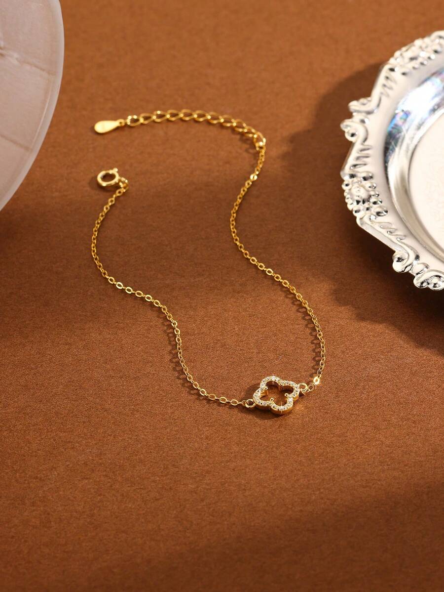 1pc Fashionable & Simple S925 Sterling Silver Cubic Zirconia Hollow Four-Leaf Clover Flower Bracelet, Everyday Wear For Women, Jewelry Gift For Valentine's Day, Holiday Valentines